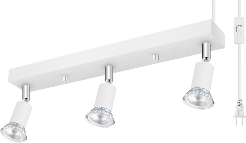 Bricosmocon Plug-in Track Lighting, LED Track Lighting Fixtures Ceiling Kit, 16" White Plug in Wall Light with 14.8ft Cord, 3-Light Ceiling Spotlight,Rotatable Kitchen Light Head for Bedroom Hallway(GU10,NO Bulb) - Image 1